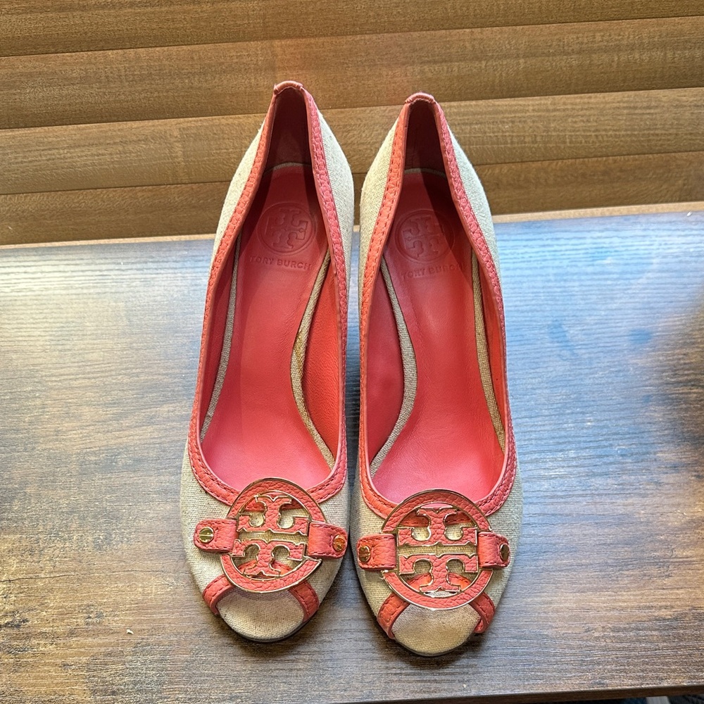 Tory Burch Red and Tan Peep-Toe Heels